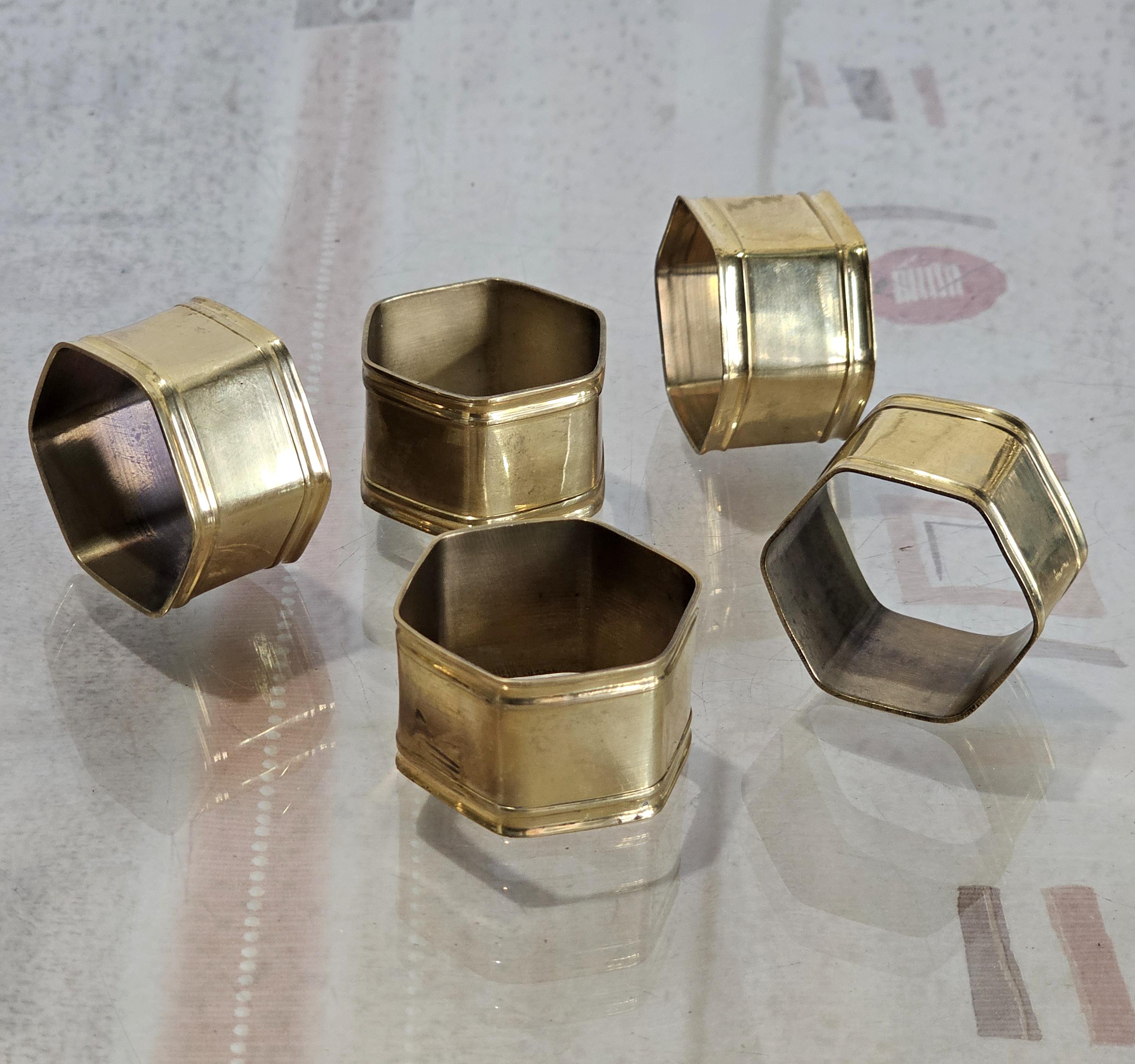 真鍮製ナプキンリング 5 個セット、ビンテージの真鍮製六角形ナプキン