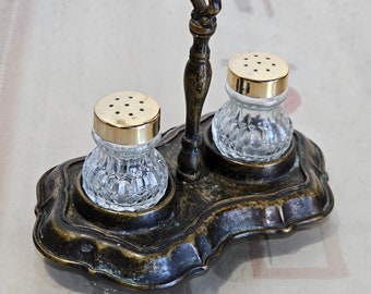 Salt and pepper glass set in brass container, made in Italy, Bronze set for spices, salt pepper.