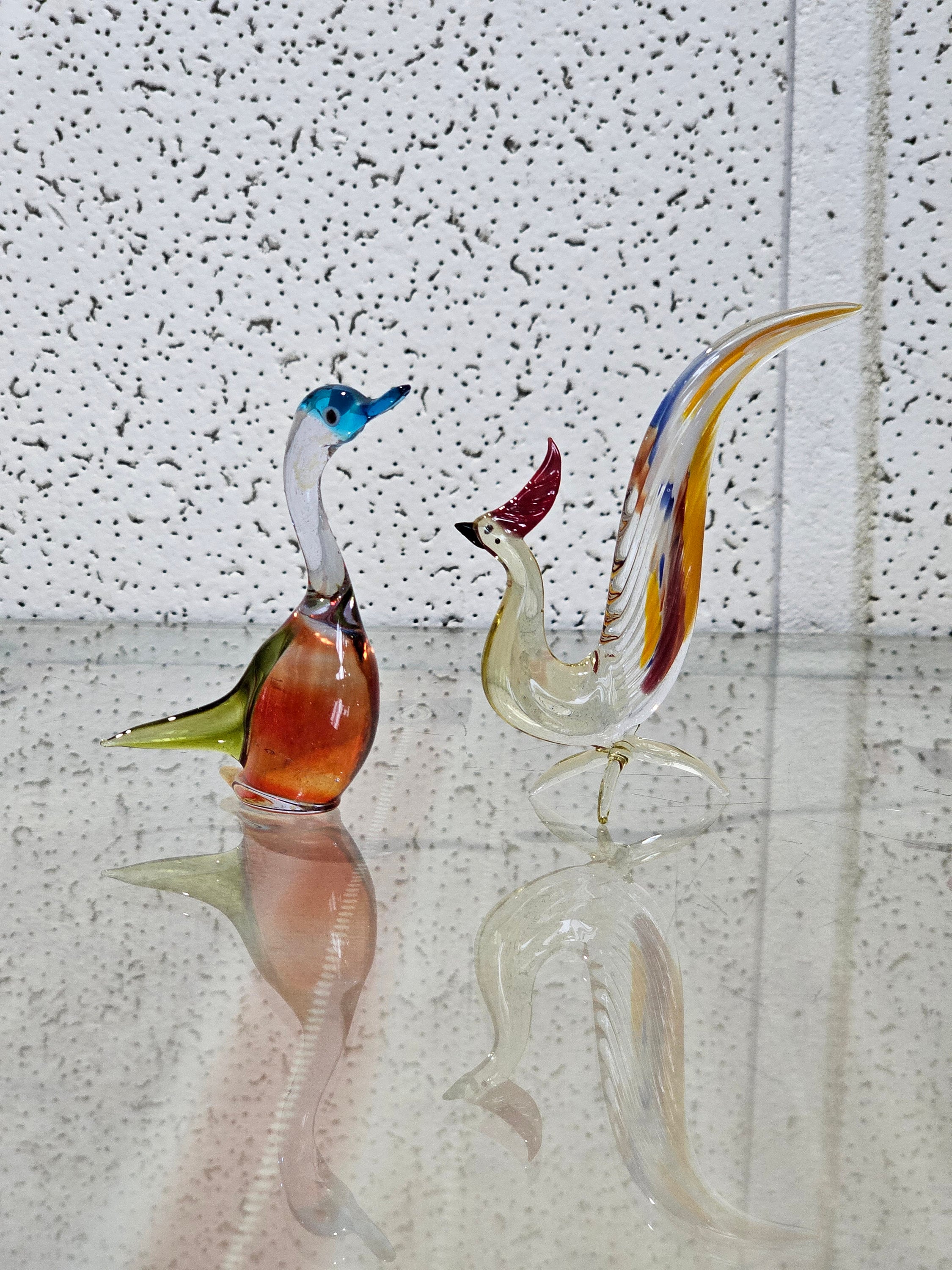 Vintage Murano Duck and Rooster Figurines, Miniature Blown Glass