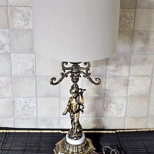 French bronze cherub lamp, French vintage neoclassical marble cherub table lamp.