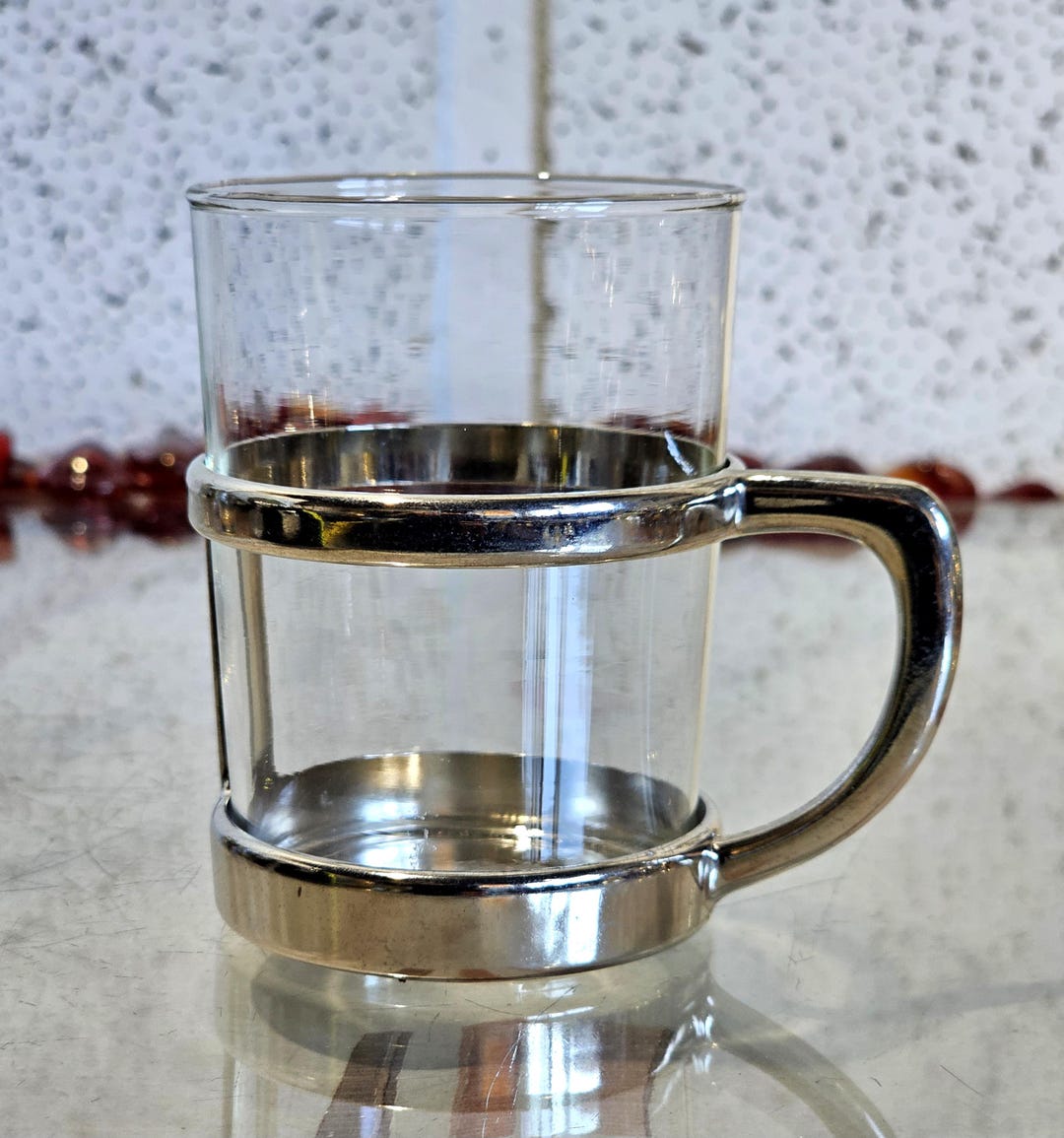 Two Duralex Tea or Coffee Glasses With Silverplate Metal Stand From BMF ...