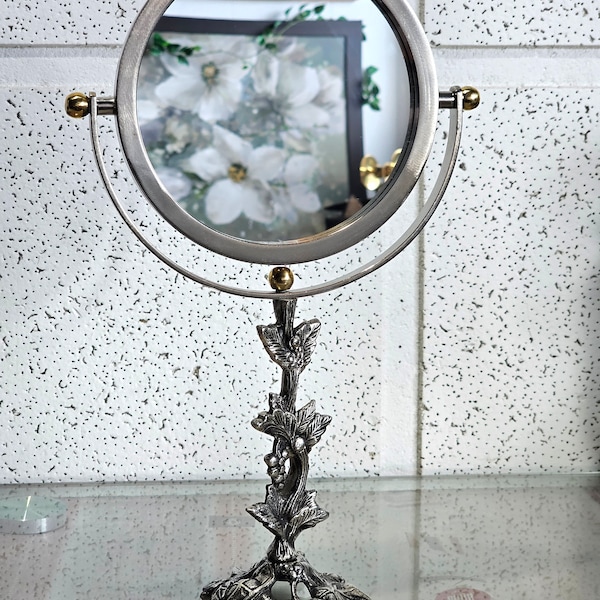 double-sided standing mirror in white brass, grape design, round swivel mirror,  brass table mirror on stand.