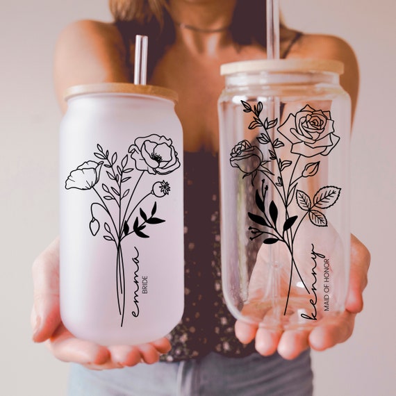 Tumber for Bridesmaid Proposal, Birth Flower Customized Glass Tumbler,  Frosted Glass Tumbler, Bamboo Lid Coffee Cup, Maid of Honor Gift 