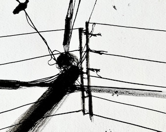 Original Ink Sketch of Power Lines - Hand-drawn Artwork on Khadi RagPaper