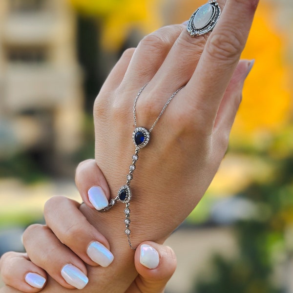 Blue Zircon Stone Silver Hand chain - Bracelet and Ring - Gift for girlfriend - Boho Wedding Jewelry - Gift for Her, Valentine's Day gift