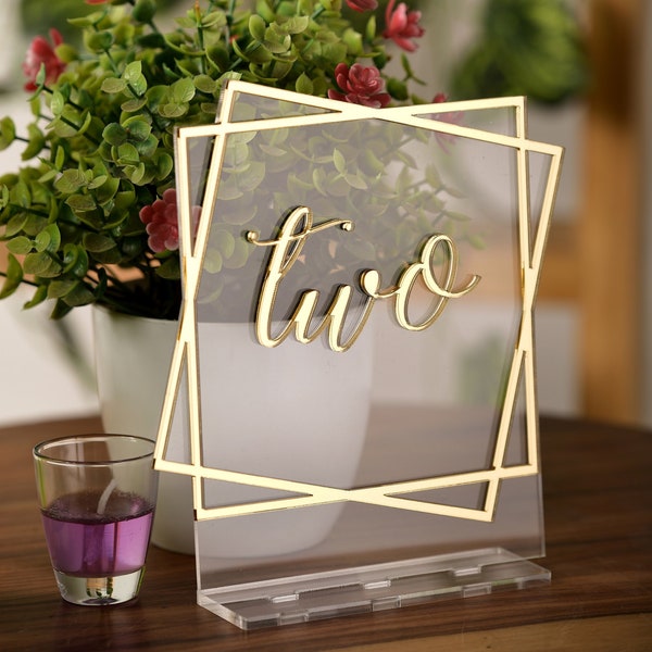 Personalized 3D Acrylic Table Number, Wedding Table Numbers,  Acrylic Event Table Sign, Gold Table Numbers, Geometric Shape Transparent Gold
