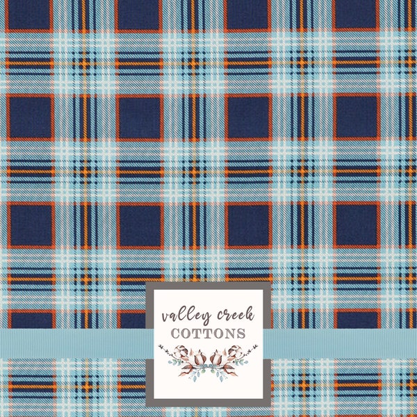 Navy & Orange Plaid Cotton Apparel Quilting Fabric by the Yard