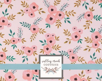 Blush Watercolor Roses Cotton Apparel Quilting Fabric by the Yard