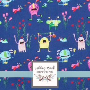 Monsters & Flowers on Blue Cotton Apparel Quilting Fabric by the Yard