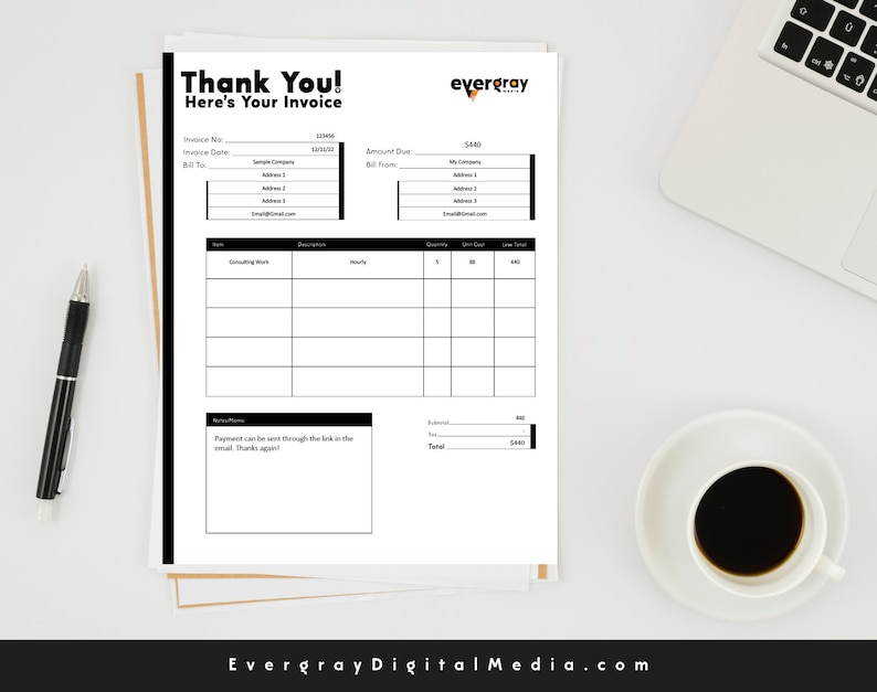 Modern Invoice Template for Word, Thank You Invoice, Editable Printable