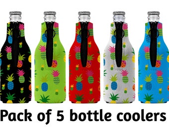 Tropical Stubby Holders 5 Pack Zip Up Bottle Cooler Suits Cruiser 275ml Beer 330ml