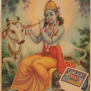 Vintage Indian Advertisement Lithograph Print Sunlight Soap Krishna with Cow 10.5x12.5 inch
