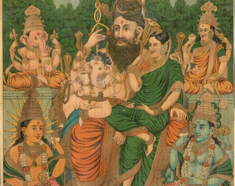 Rare Original Raja Ravi Varma Lithograph: Panchdev 14"x10" (God Shiva Parvati Ganapati Vishnu)