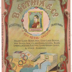 Rare Vintage Indian Advertisement Large Label: B. Sethia & Co, Glass Beads, Bangles, Umbrella