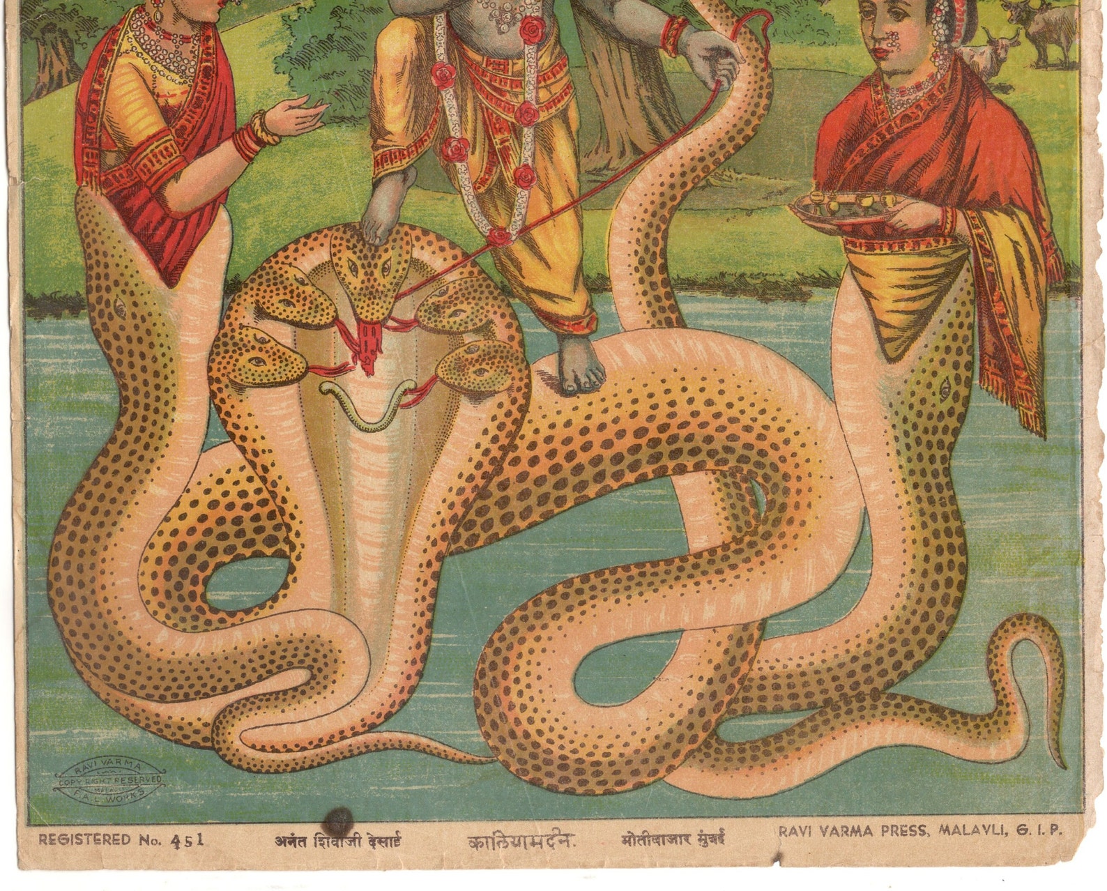 Rare Original Raja Ravi Varma Lithograph: Kaliyamardan 14