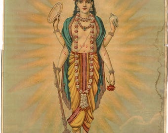 May include: A colourful illustration of a Hindu deity with four arms, wearing a crown and a garland of flowers. The deity is holding a conch shell, a discus, a club, and a lotus flower. The background is a radiant yellow and orange.
