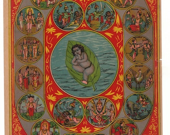 May include: Vintage Indian religious print featuring a central image of a baby on a leaf surrounded by circular illustrations of deities and scenes. The print has a red border with floral designs and text at the bottom. The color palette includes red, yellow, and various skin tones.