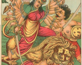 May include: A vintage illustration showing a multi-armed deity in a red and green sari, riding a lion and fighting figures with swords. The artwork uses vibrant colours and intricate details, depicting a mythological theme.