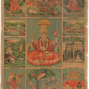May include: A colourful illustrated poster depicting scenes from the Hindu epic, the Mahabharata. The poster features various deities and scenes from the story, including the goddess Ganga, Krishna, and the Pandavas. The poster is printed on paper and has a vintage aesthetic.