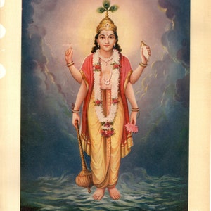 Vintage Rare Original Lithograph: Vishnu 9&quot;x13&quot; (Indian God Vishnu )