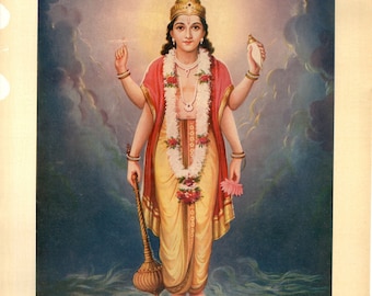 Vintage Rare Original Lithograph: Vishnu 9&quot;x13&quot; (Indian God Vishnu )