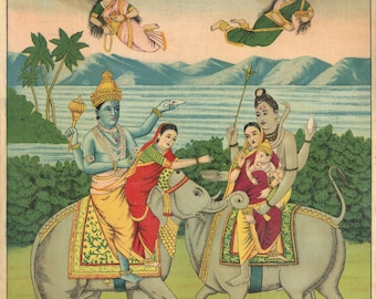 Rare Original Raja Ravi Varma Press Lithograph: Hari-Har Bhet 14"x10" (Meet of Shiva and Vishnu)