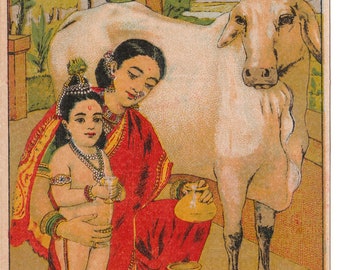 May include: A vintage illustration depicting a woman in a red sari, holding a young child, and a white cow. The woman is pouring milk from a clay pot into a smaller pot. The image is titled "Godohan" and has the text "Registered 619" and "Ravi Varma" in the bottom right corner.