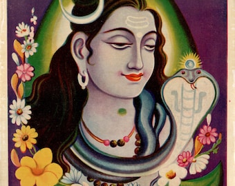 May include: A colorful illustration of the Hindu deity Shiva, depicted with a third eye, a crescent moon, and a snake around his neck. The image is surrounded by flowers and leaves.