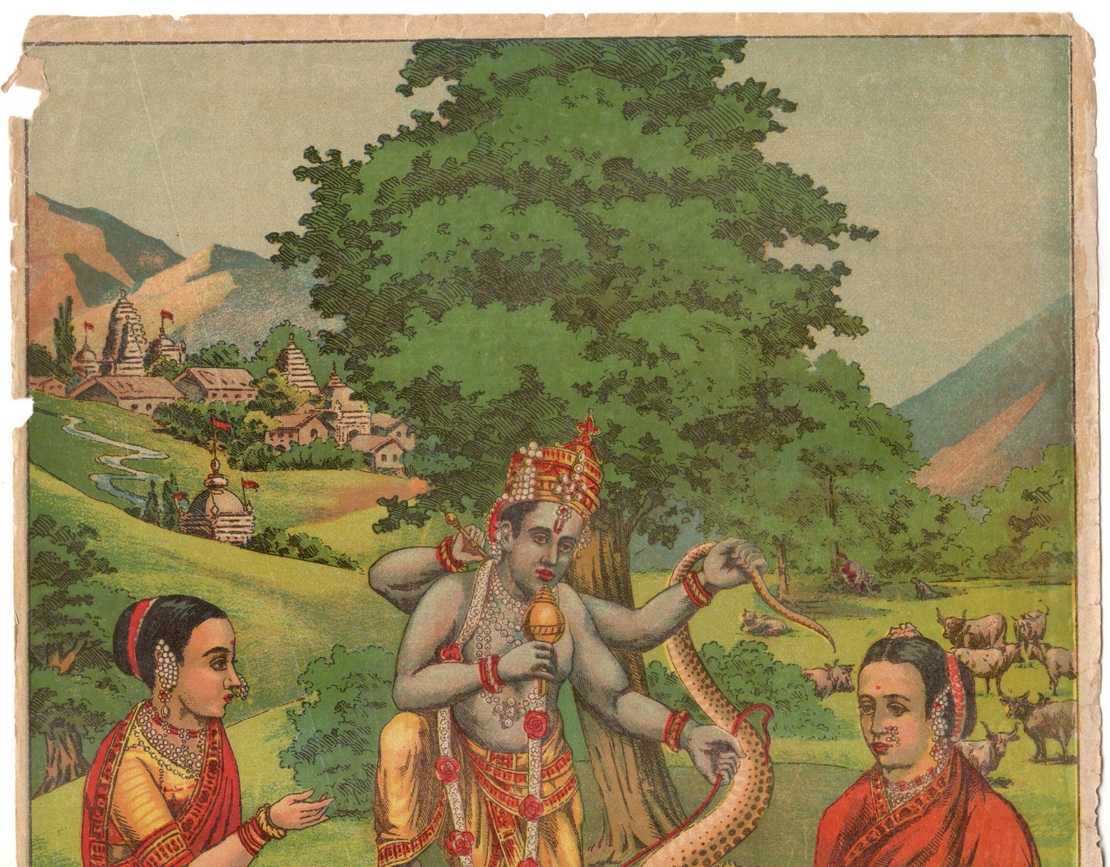 Rare Original Raja Ravi Varma Lithograph: Kaliyamardan 14