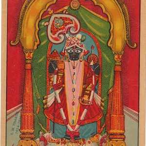 Sällsynt original Raja Ravi Varma litografi: Ranchhodraiji Nathdwara Dakor 5"x7" (Diwali Shrungar)