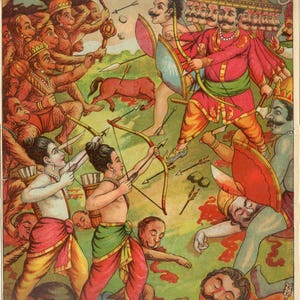 Sällsynt original Raja Ravi Varma litografi: Ram Ravan Yudhha 14"x10" (Ramayana-serien)