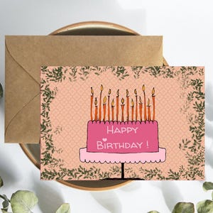Cartão de aniversário para impressão | Cartão de aniversário para impressão | Cartão de aniversário com bolo | Cartão de aniversário de 7 x 5 polegadas | Cartão de aniversário para download instantâneo