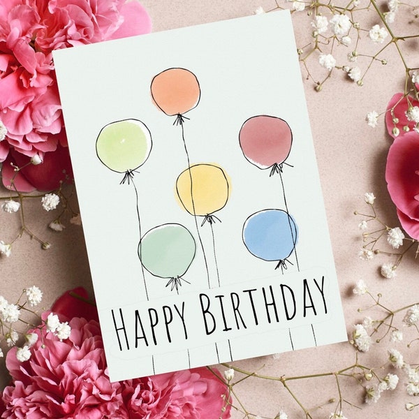 Printable Birthday Card | Colorful BDay Card with Balloons | Digital Download | Cute Colorful Birthday Card | Printable Greetings Card