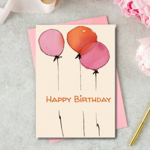 Belle carte d'anniversaire, belle carte d'anniversaire, carte imprimable avec des ballons, carte d'anniversaire rose et orange de couleurs claires