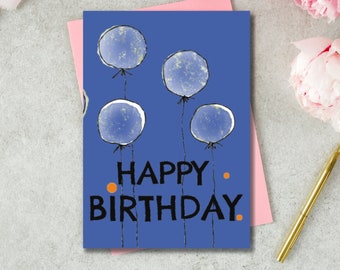 Blue Balloon Birthday Card, Printable Blue Balloons Birthday Card, Birthday Card for Friends, Watercolor Blue Birthday Card