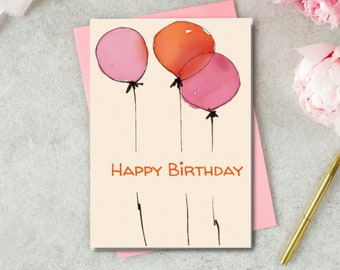 Beautiful Birthday Card | Lovely Birthday Card | Printable Greetings Card | Card with Balloons | Clear Colors pink and orange Birthday Card