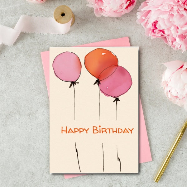 Beautiful Birthday Card | Lovely Birthday Card | Printable Greetings Card | Card with Balloons | Clear Colors pink and orange Birthday Card