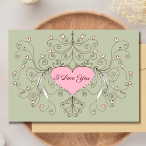Bella e romantica cartolina "Ti amo" verde pastello e rosa / Cartolina con download immediato per San Valentino / Cartolina pieghevole stampabile con cuore
