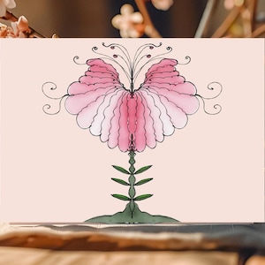 Handgemalte druckbare Grußkarte | Blanko Blumen Dankeskarte | Rosa Fantasy Flower Grußkarte | Druckbare Karte für alle Anlässe