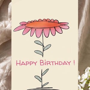 Carte d'anniversaire imprimable avec fleur | Carte de joyeux anniversaire aquarelle peinte à la main | Carte d'anniversaire rose et orange à téléchargement immédiat