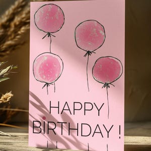 Tarjeta de cumpleaños imprimible con globos rosas / Impresión de cumpleaños para niña / Diseño de acuarela de doble cara / Cumpleaños infantil / Descarga digital de cumpleaños