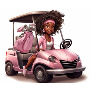 Pink Golf Cart, Black Girl Golf, Woman Golf, Black woman Golf, Golf PNG, Golf Clip Art