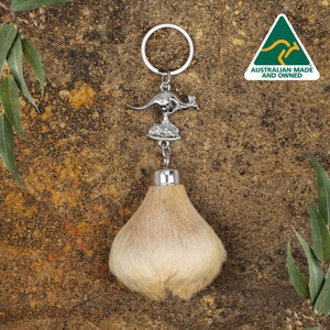 Australian Souvenir - Genuine Silver Kangaroo Scrotum Keyring, Keychain