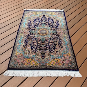 Tabriz Silk Rug Wall Hanging: Pictorial Carpet, 5x3 ft