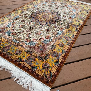 Qom Silk Rug Wall Hanging: Pictorial Carpet, 5x3 ft
