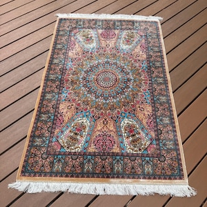 Qom Silk Rug Wall Hanging: Pictorial Carpet, 5x3 ft