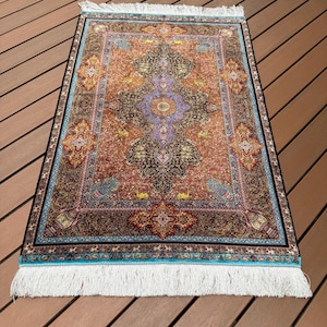 Tabriz Persian Silk Rug Wall Hanging: Pictorial Tapestry 5x3 ft