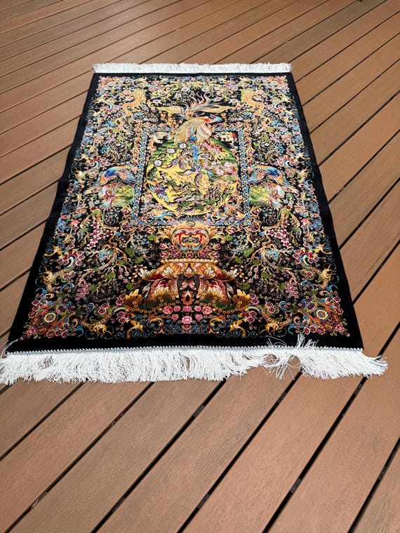 Qom Persian Silk Rug: Pictorial Tapestry Wall Hanging 5x3 ft