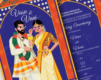 South Indian Wedding Invitations, South Indian Wedding Invites, South Indian Cards, Bride & Groom, South Indian Couple Illustration