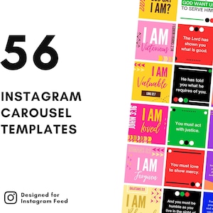 May include: A collection of 56 Instagram carousel templates. The templates feature colorful squares with inspirational text, including "I AM" statements and Bible verses. The design is intended for Instagram feeds.